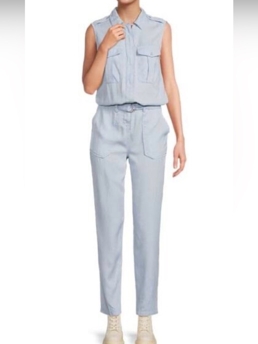 Etienne Marcel Powder Blue Sleeveless Belted Straight Leg Jumpsuit size M